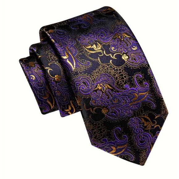 Men’s Silk Coordinated Tie Set - Purple & Gold Paisley - Picture 3 of 8